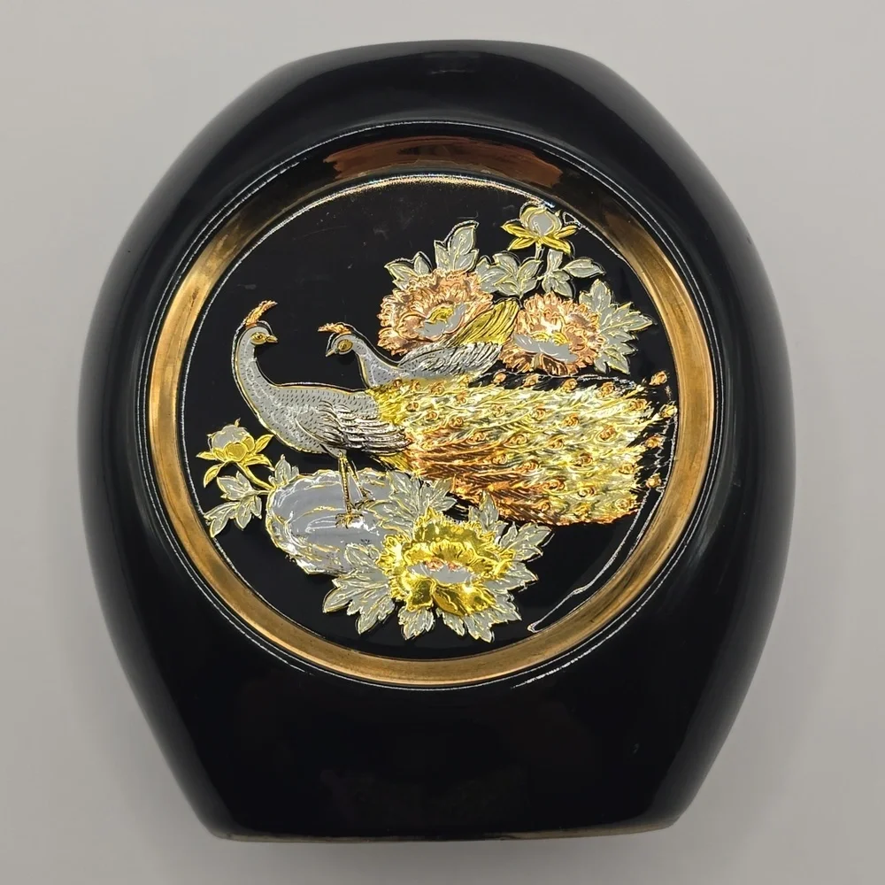 The Art Of Chokin 24k Gold Edged Black Vase With Peacock Design Made In Japan